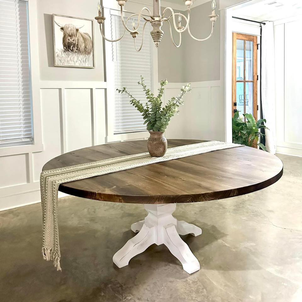 custom handbuilt white base table with brown round top